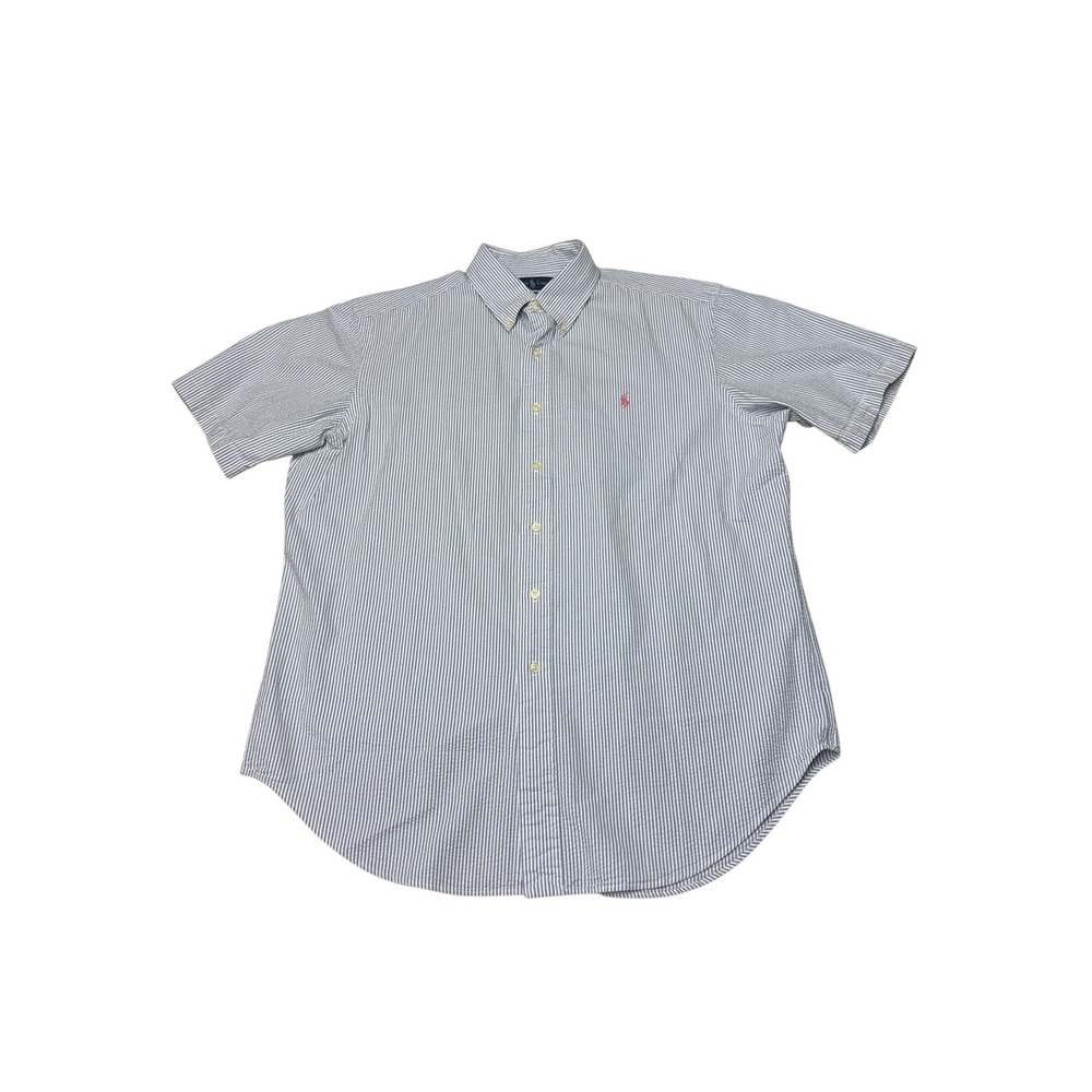 Ralph Lauren Classic Fit Seersucker Shirt Mens Large Blue White‎ Stripe S/S Pony